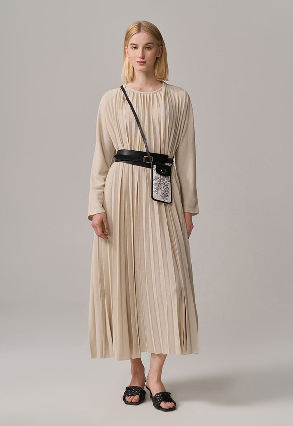 Choice Solid Pleated Maxi Open Abaya Beige