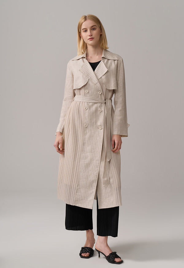 Choice Striped Belted Midi Coat Beige