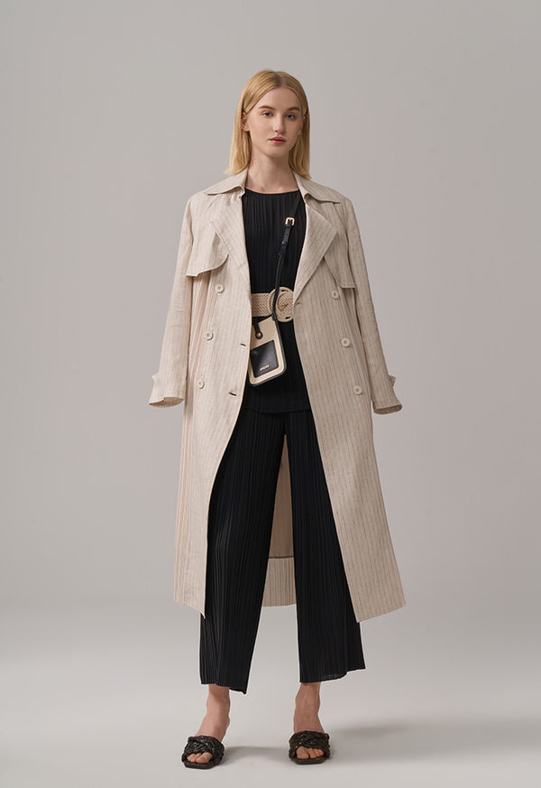 Choice Striped Belted Midi Coat Beige