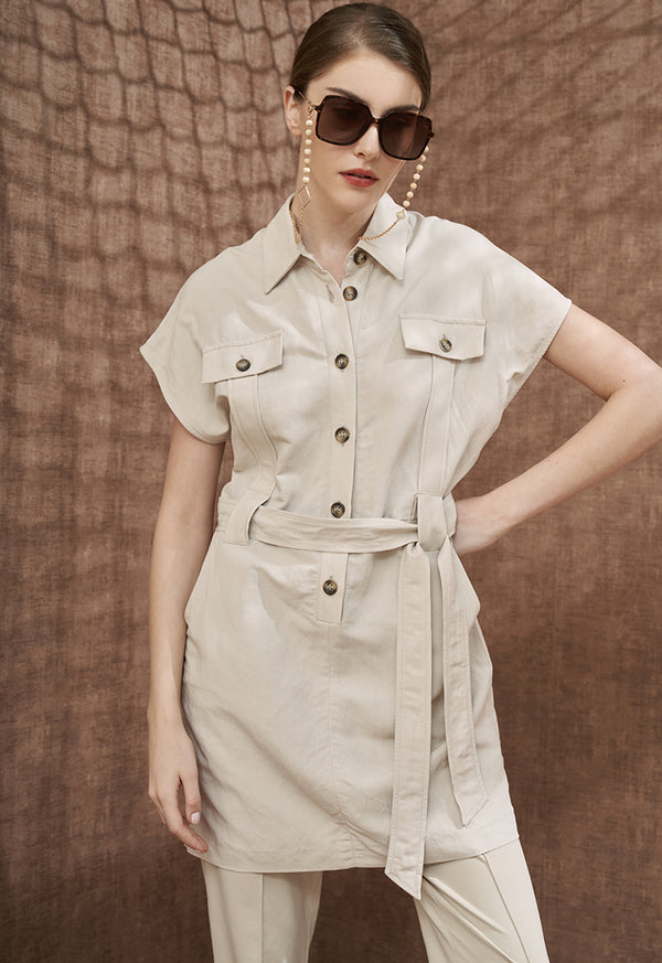 Choice Sleeveless Belted Shirt Dress Beige