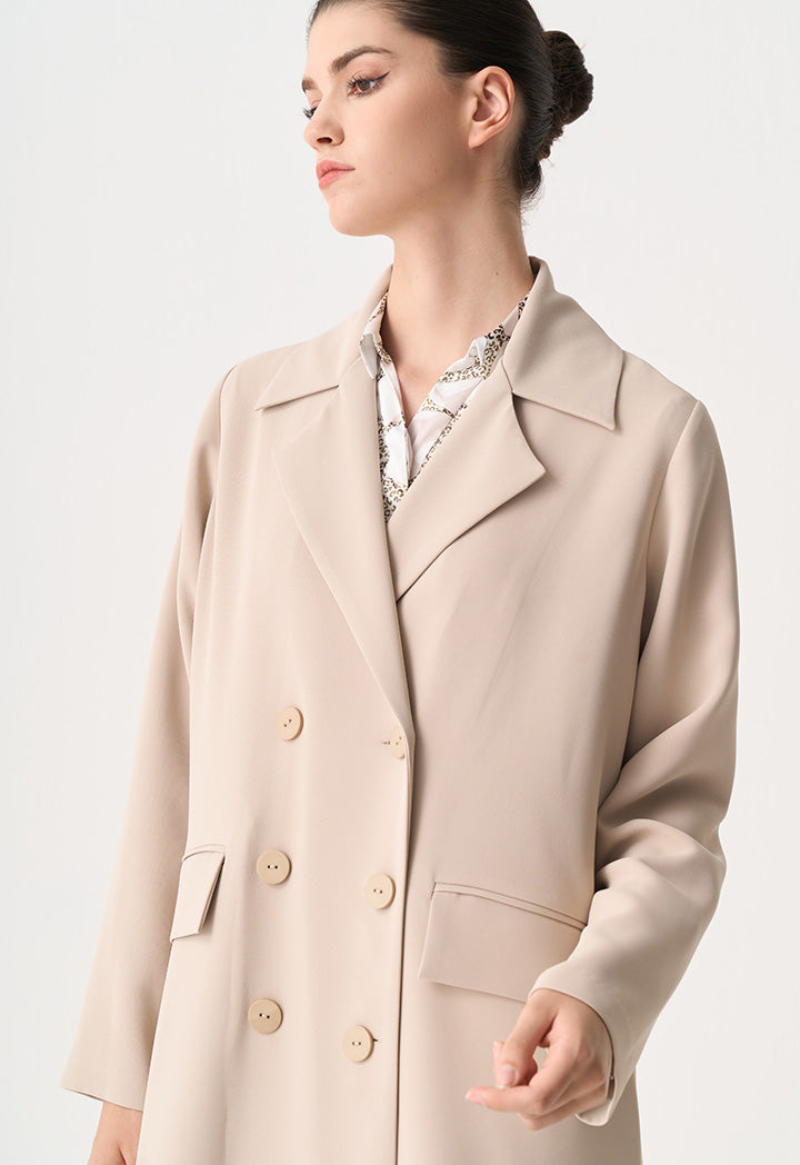 Choice Solid Double Breasted Maxi Coat Taupe