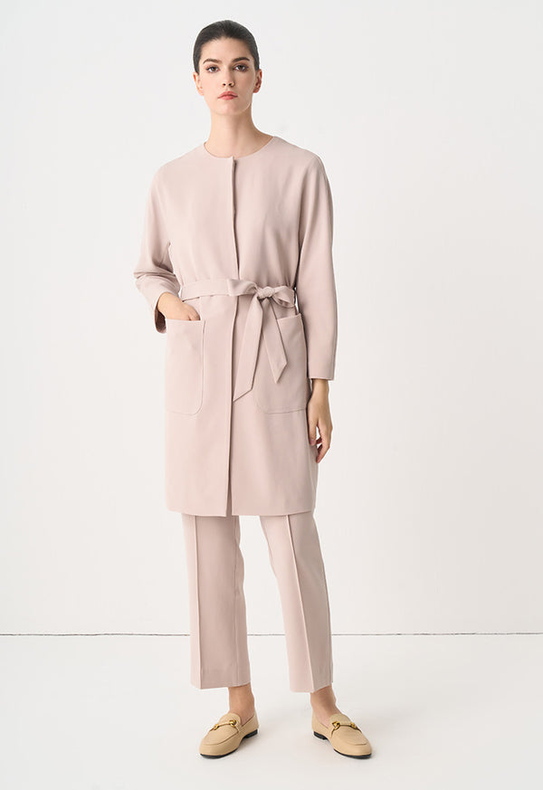 Choice Round Neck Belted Midi Jacket Taupe