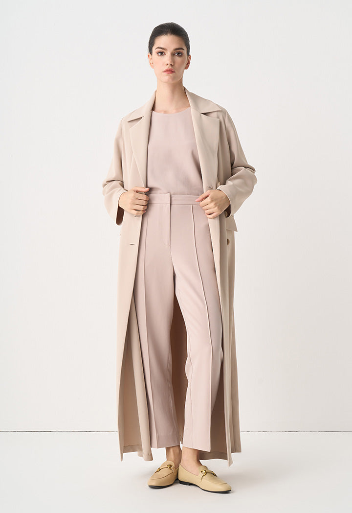 Choice Solid Double Breasted Maxi Coat Taupe