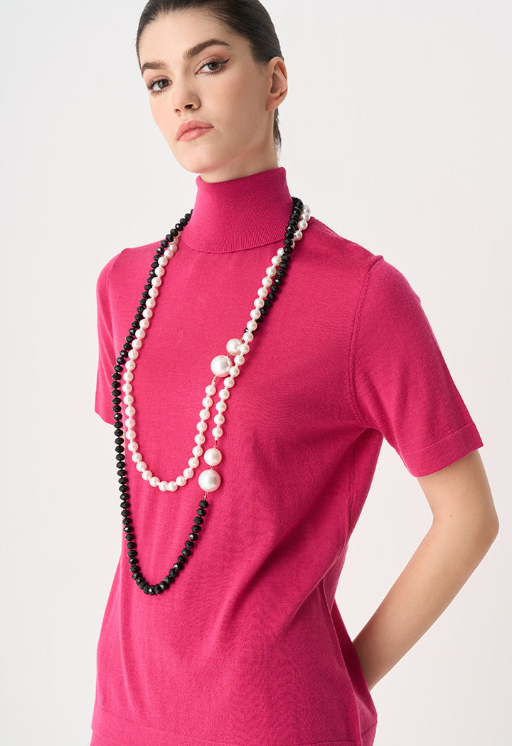 Choice Solid Knitted Short Sleeve Blouse Fuchsia