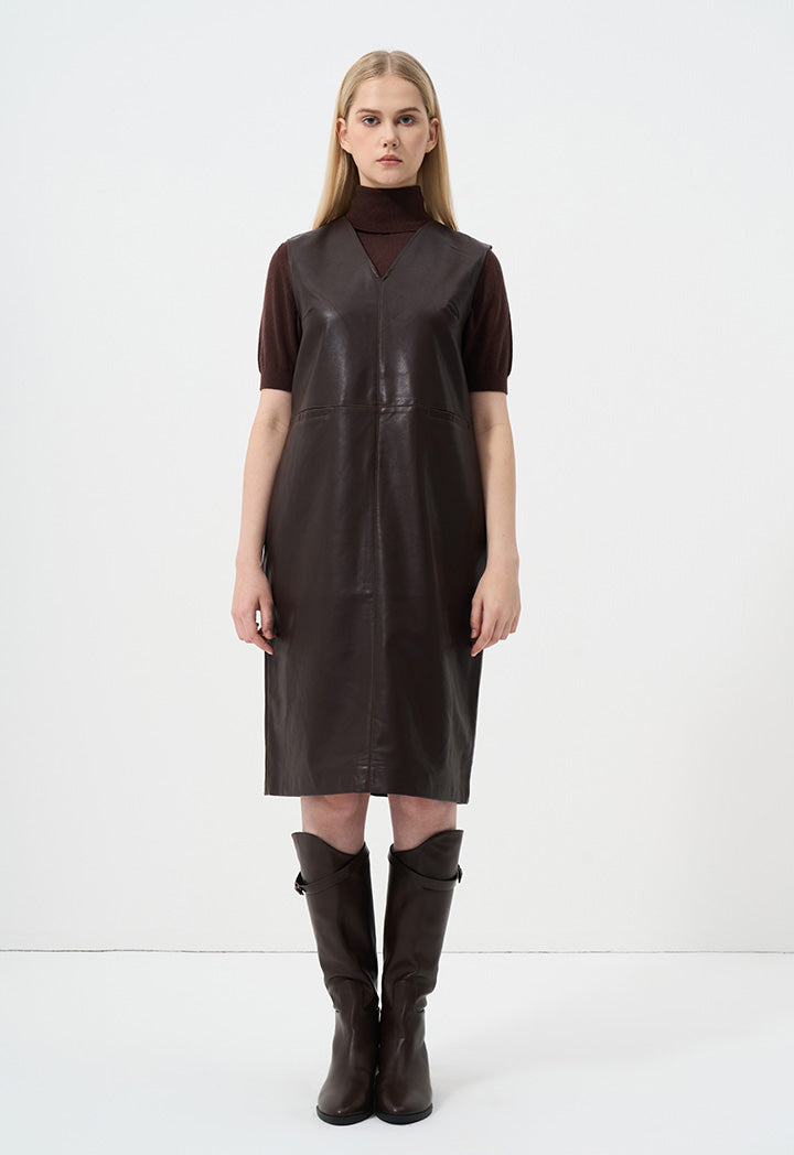 Choice Solid Sleeveless Leather Dress Brown