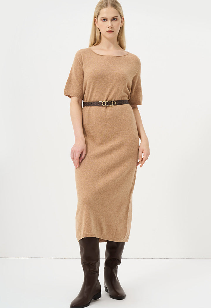 Choice Short Sleeves Knitted Dress Camel