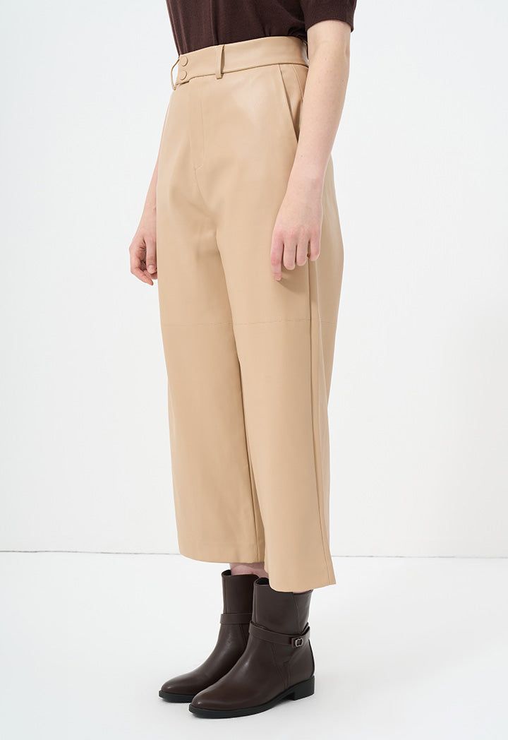 Choice Solid Leather Wide Legs Trousers Beige