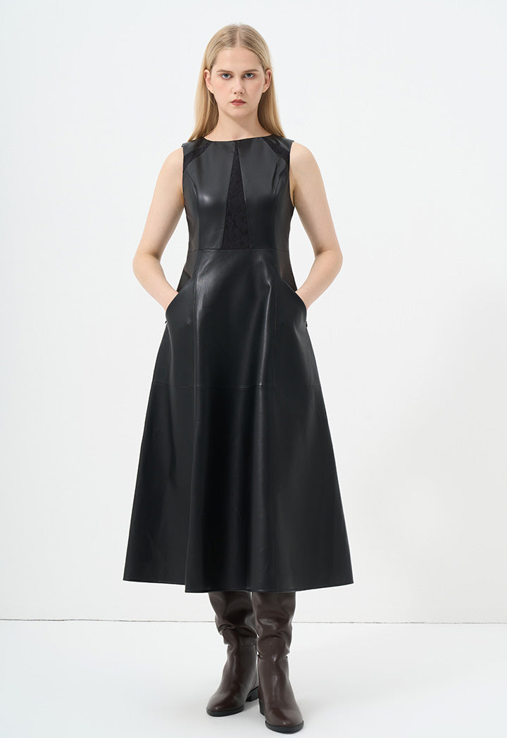 Choice Sleeveless Faux Leather Solid Dress Black