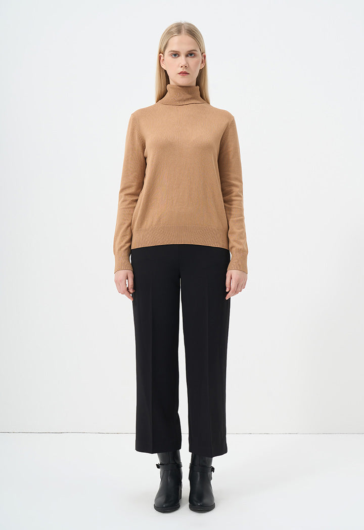 Choice Single Tone High Neck Knitted Top Camel