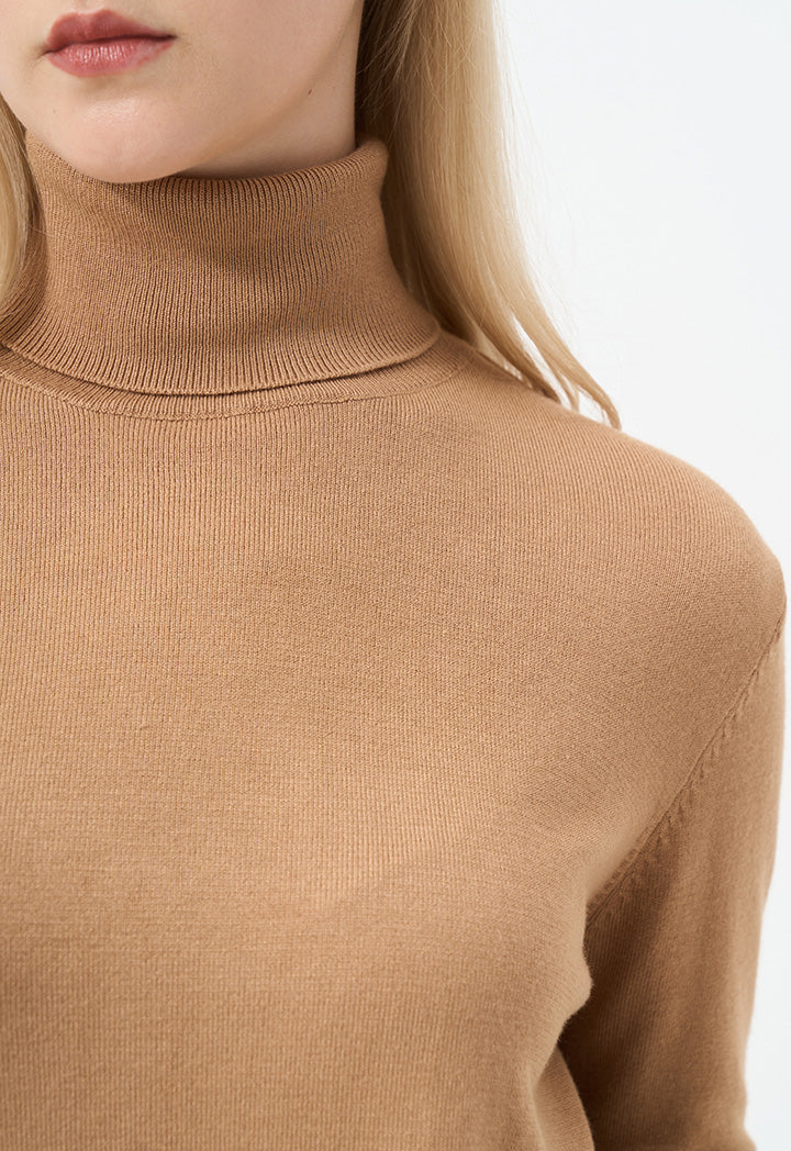 Choice Single Tone High Neck Knitted Top Camel