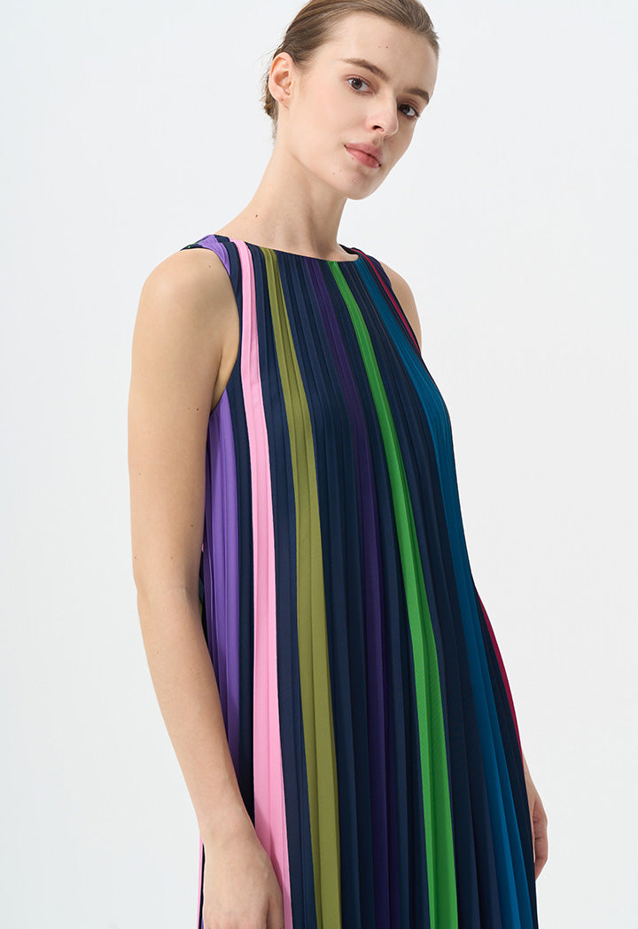 Choice Pleated Sleeveless Printed Dress Multi Color