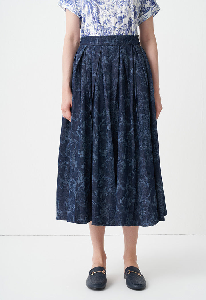 Choice Printed Pleated Midi Skirt Dark Blue