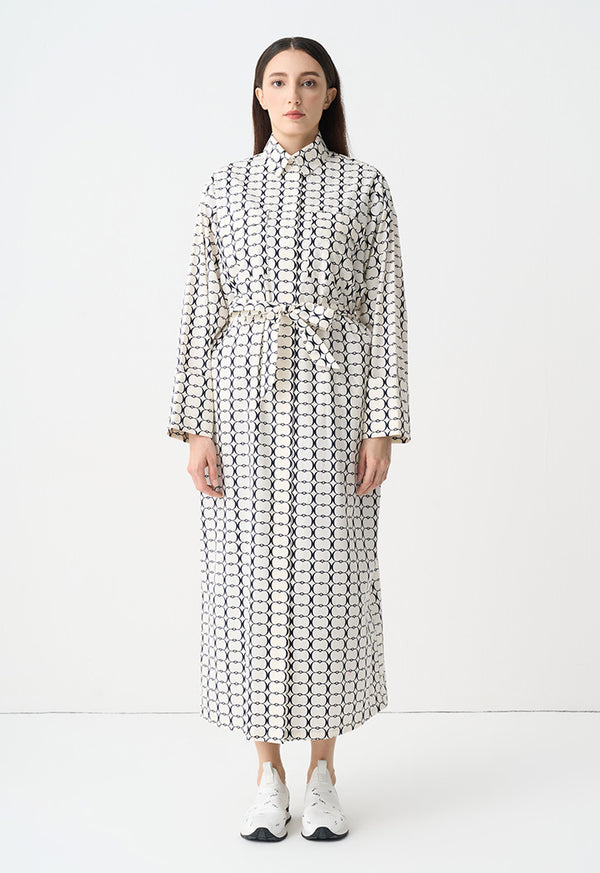 Choice Patterned Belted Shirt Dress Offwhite