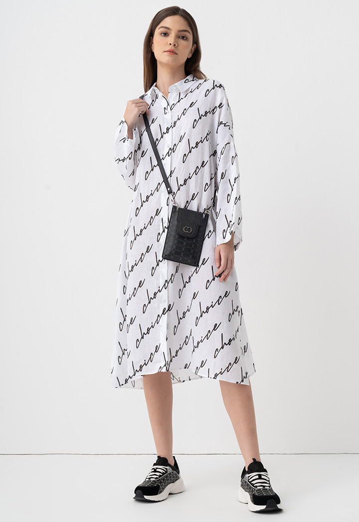 Choice Drop Shoulders Logo Printed Shirt Dress Off White