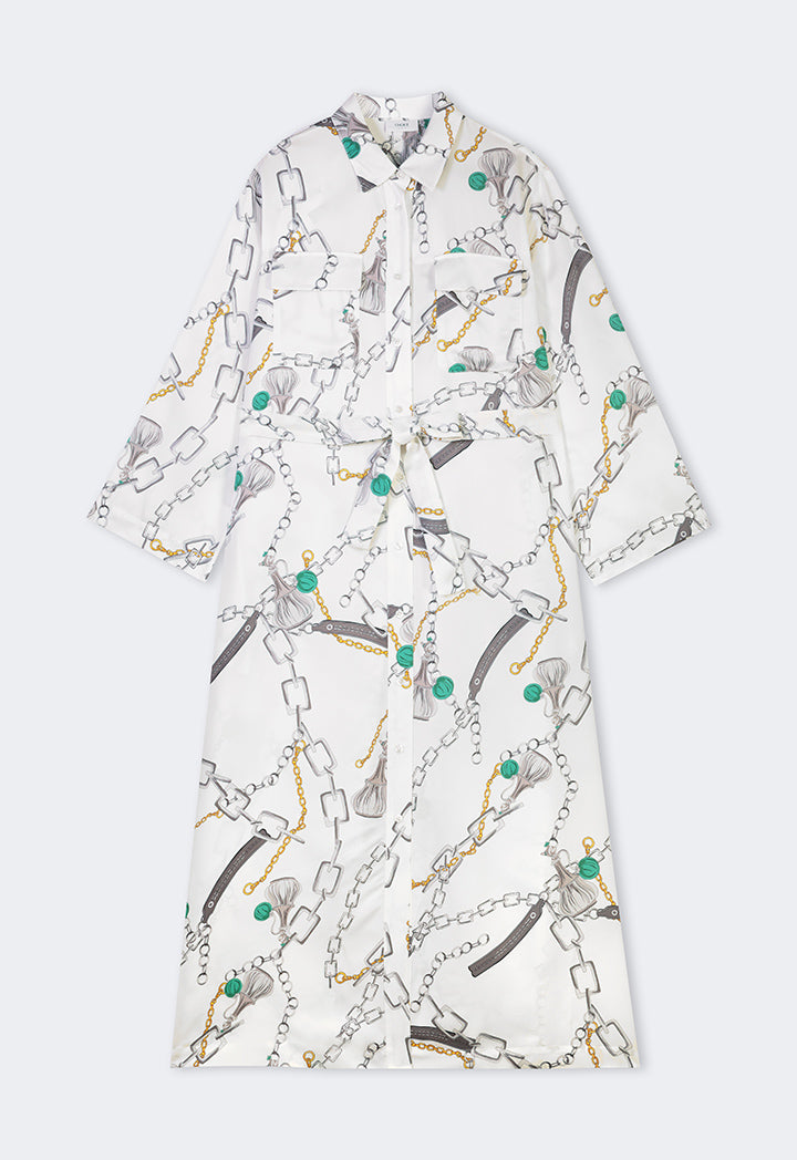 Choice Chain Printed Belted Maxi Shirt Dress Multi Color