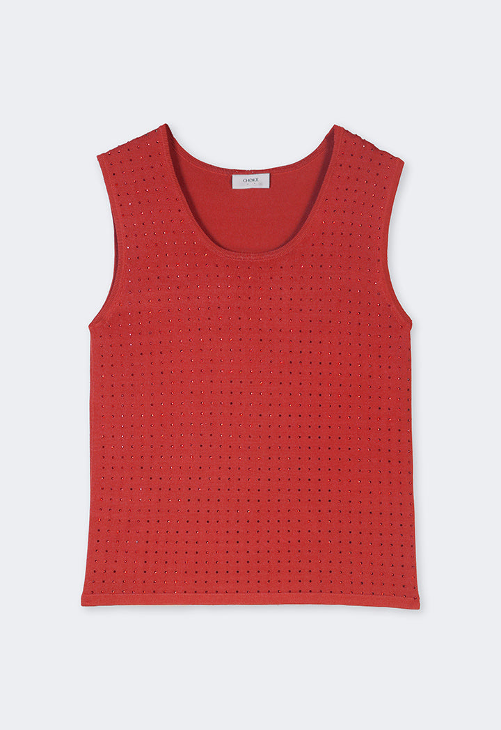 Choice Sleeveless Crystal Embellished Knitted Top Red