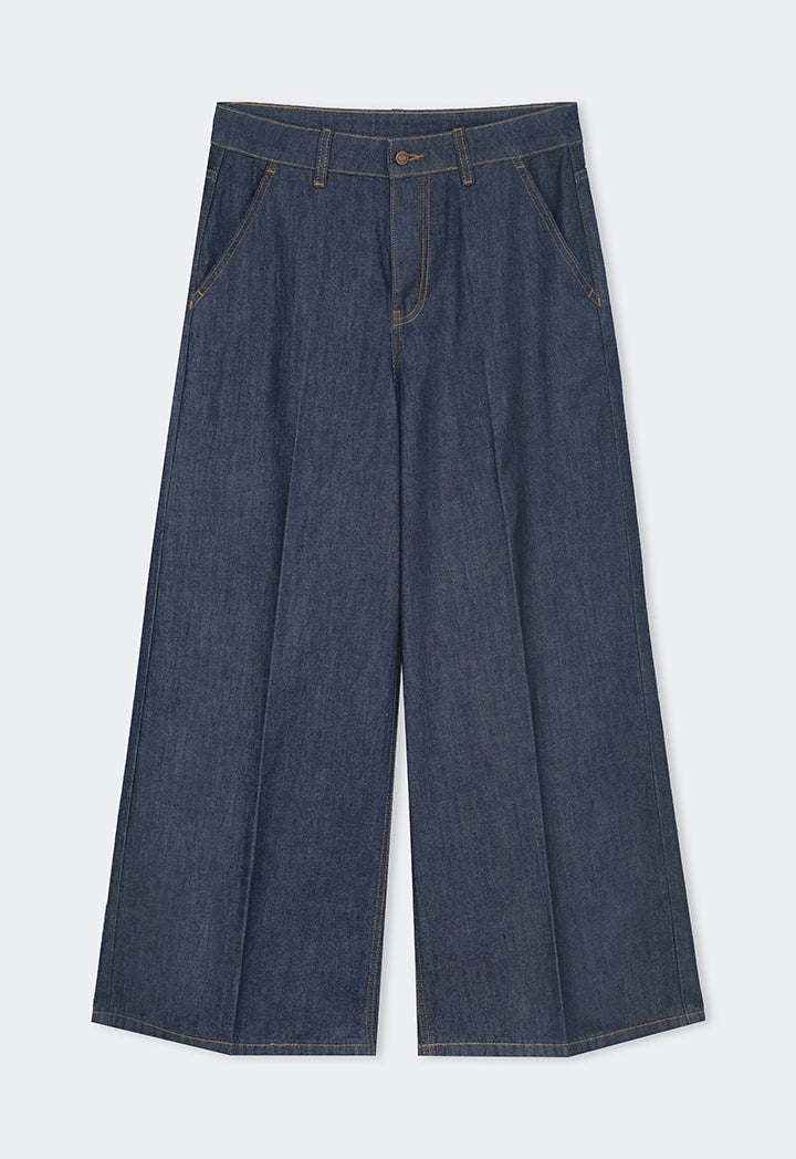 Choice Solid Wide Leg Denim Trousers Denim Blue