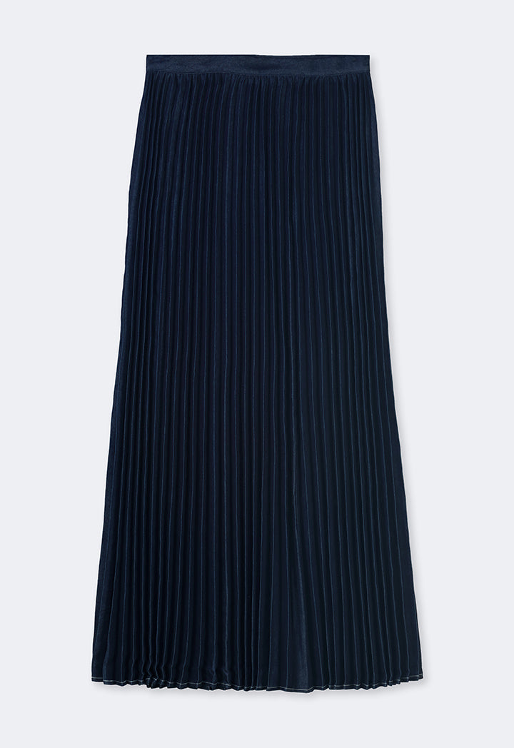 Choice Solid Flared Pleated Denim Skirt Navy