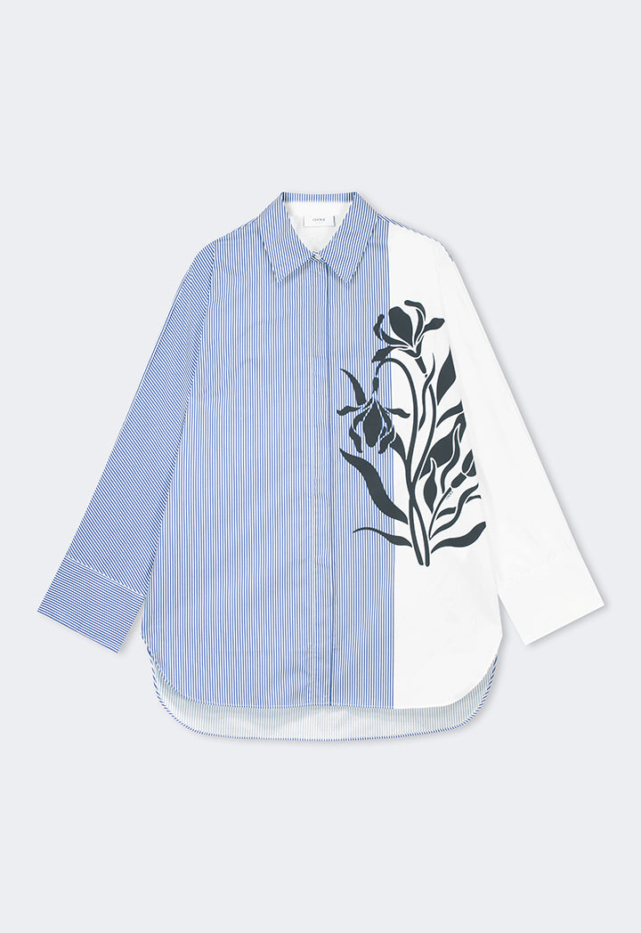 Choice Long Sleeve Floral Print Striped Shirt Blue