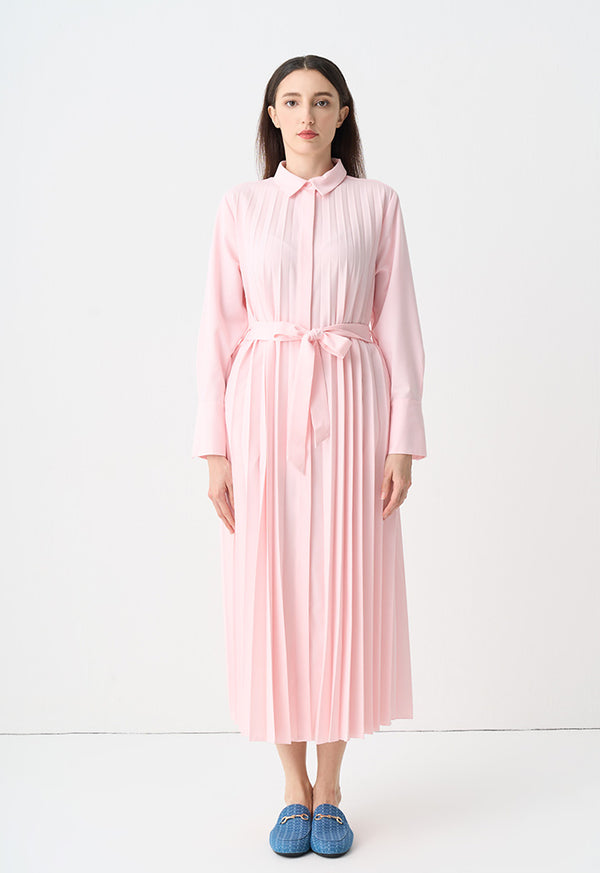 Choice Single Tone Pleated Maxi Shirt Dress Pink