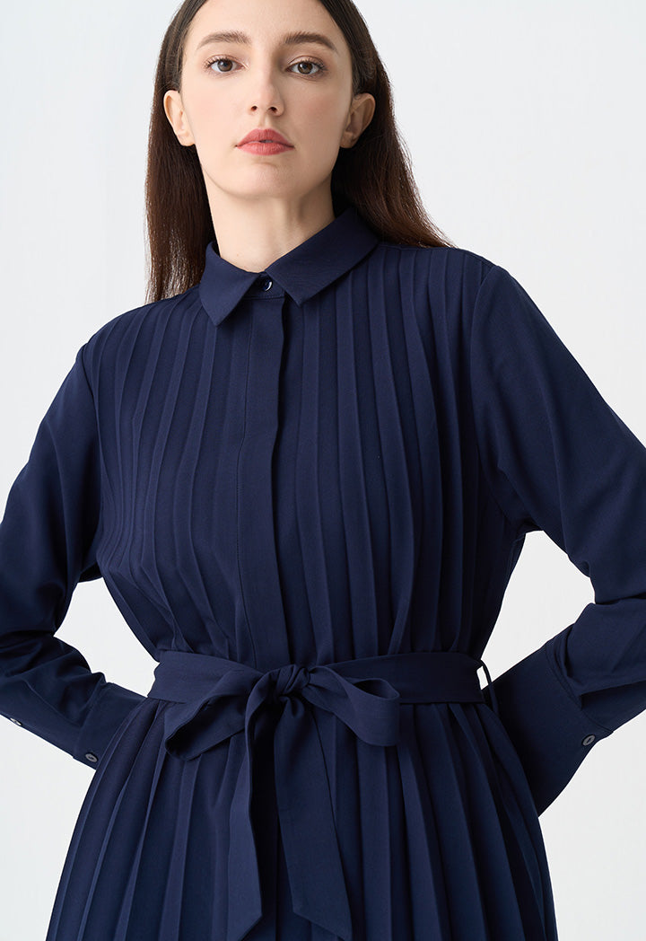 Choice Single Tone Pleated Maxi Shirt Dress Indigo