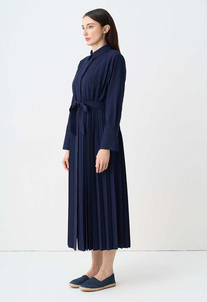 Choice Single Tone Pleated Maxi Shirt Dress Indigo