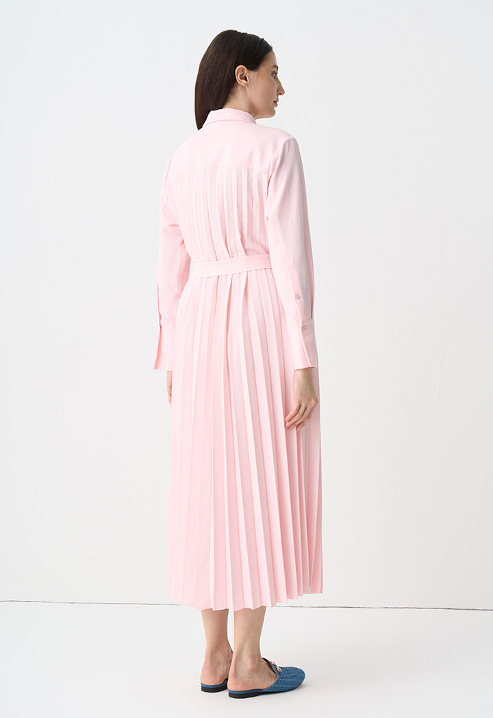 Choice Single Tone Pleated Maxi Shirt Dress Pink