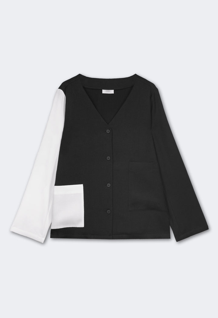 Choice Contrast Front Pocket Crinkled Buttoned Top Black