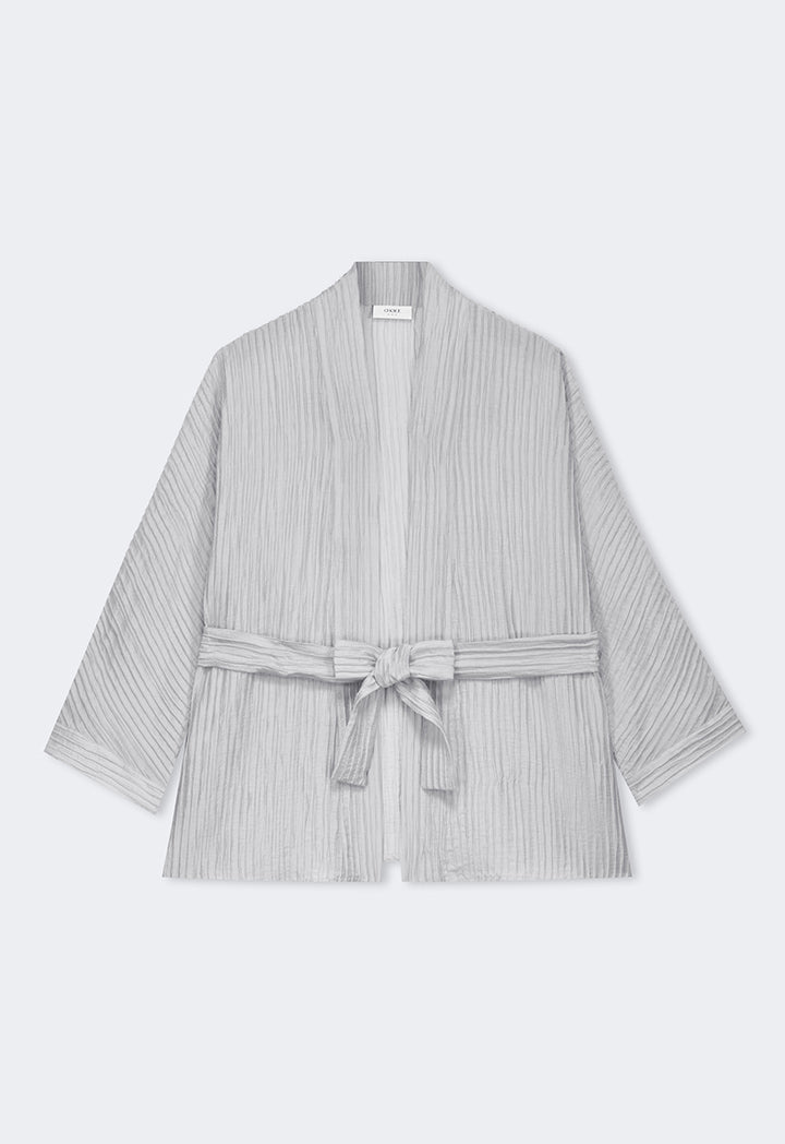 Choice Solid Textured Belted Kimono Grey