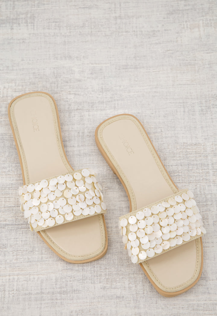 Choice Mother Of Pearls Flat Slippers Cream