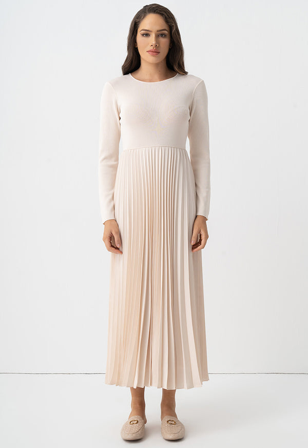 Choice Pleated Solid Long Sleeve Dress Beige