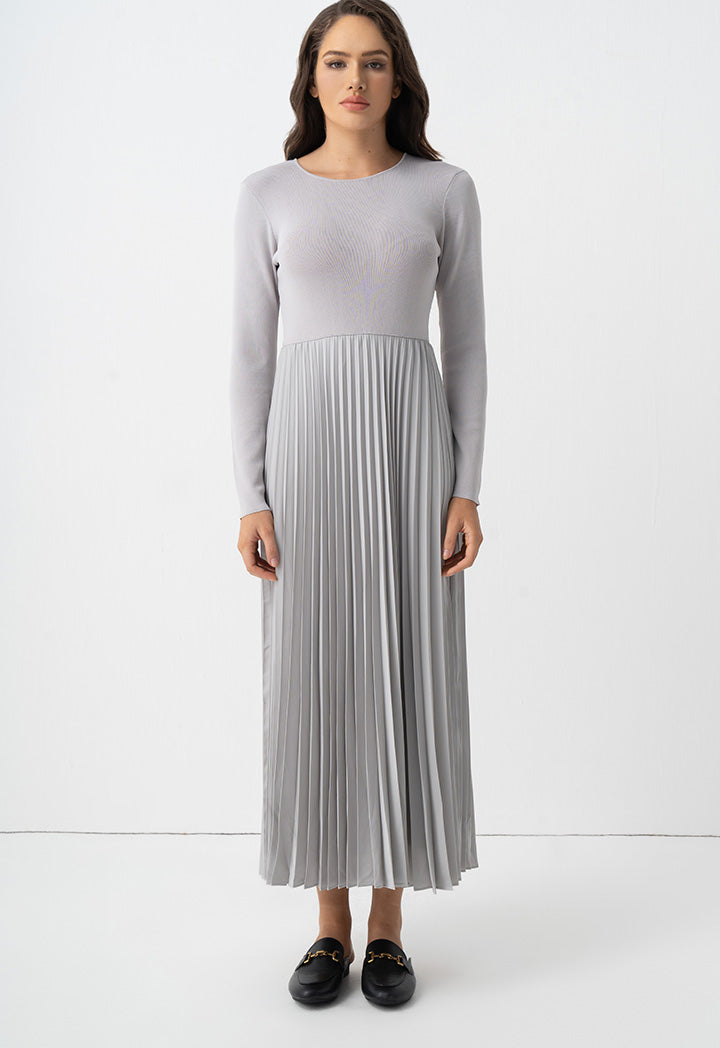 Choice Pleated Solid Long Sleeve Dress Grey