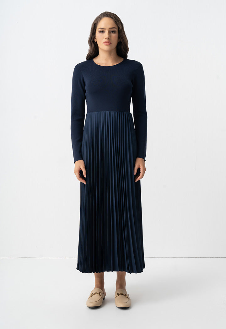 Choice Pleated Solid Long Sleeve Dress Navy