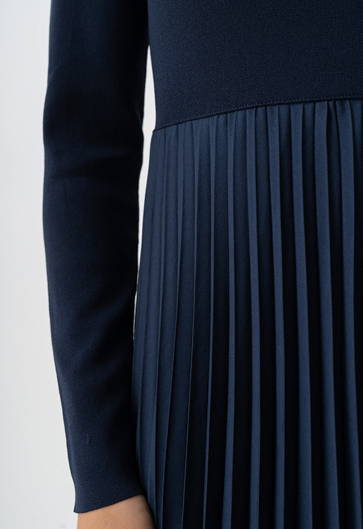 Choice Pleated Solid Long Sleeve Dress Navy