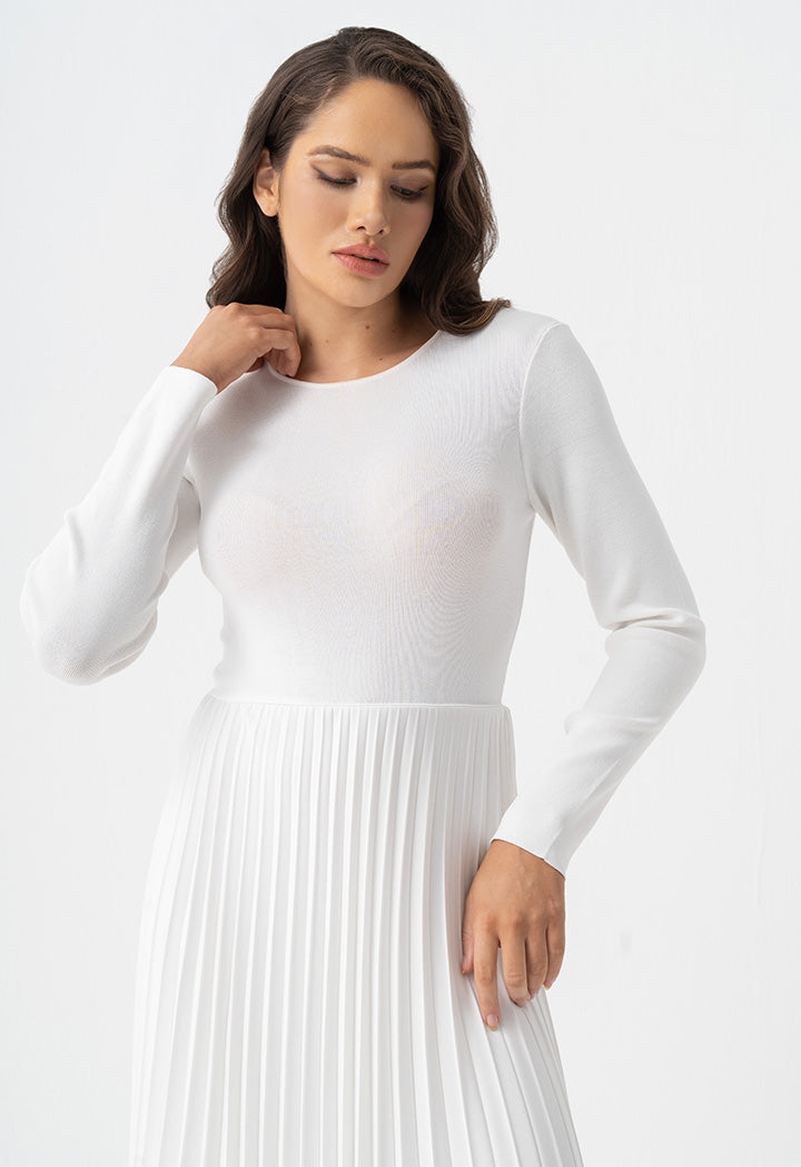 Choice Pleated Solid Long Sleeve Dress Off White