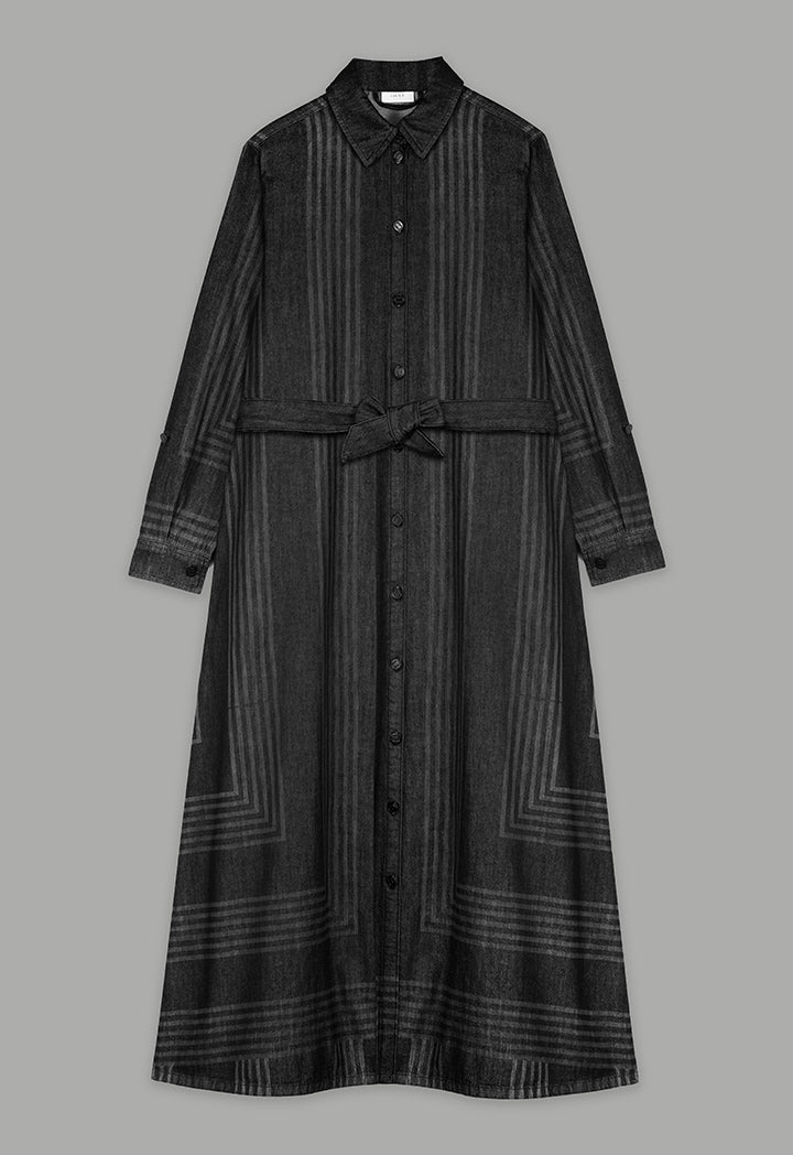 Choice Striped Long Sleeve Denim Shirt Dress Black