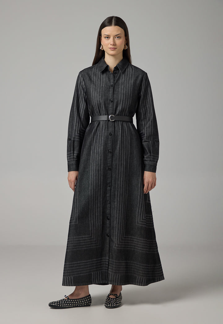 Choice Striped Long Sleeve Denim Shirt Dress Black
