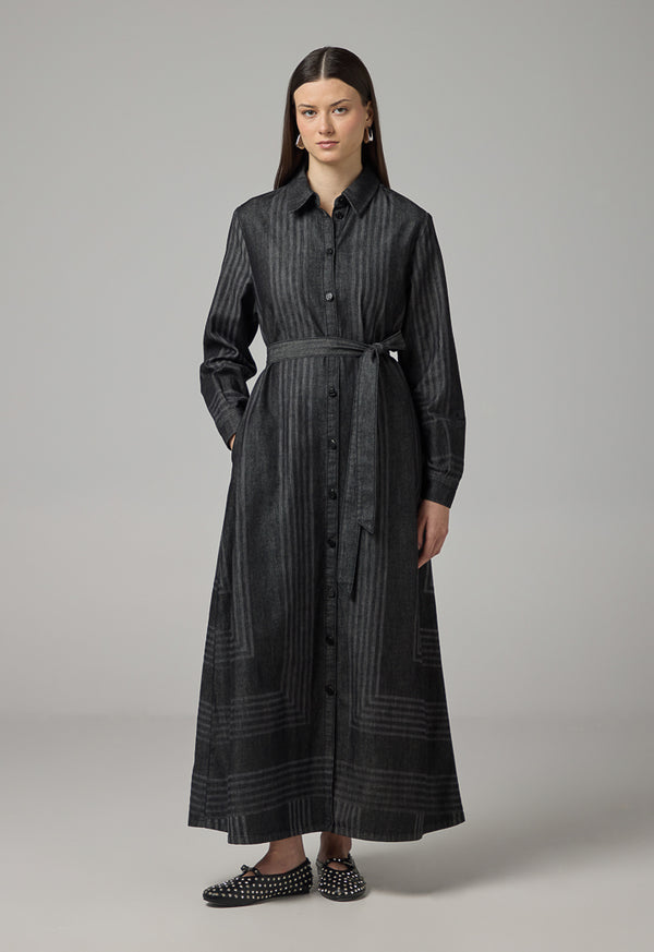 Choice Striped Long Sleeve Denim Shirt Dress Black