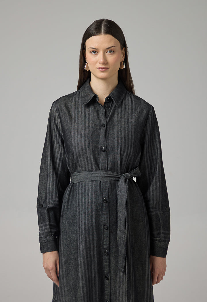 Choice Striped Long Sleeve Denim Shirt Dress Black