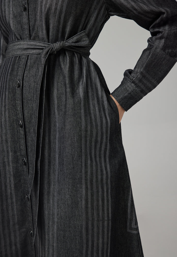 Choice Striped Long Sleeve Denim Shirt Dress Black