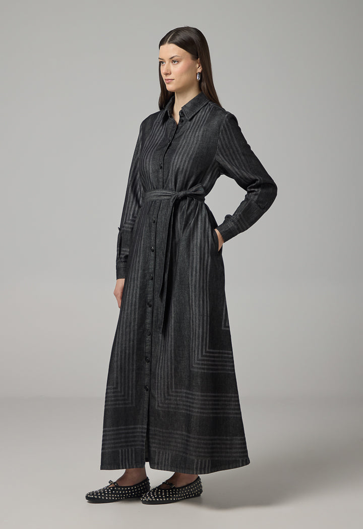 Choice Striped Long Sleeve Denim Shirt Dress Black