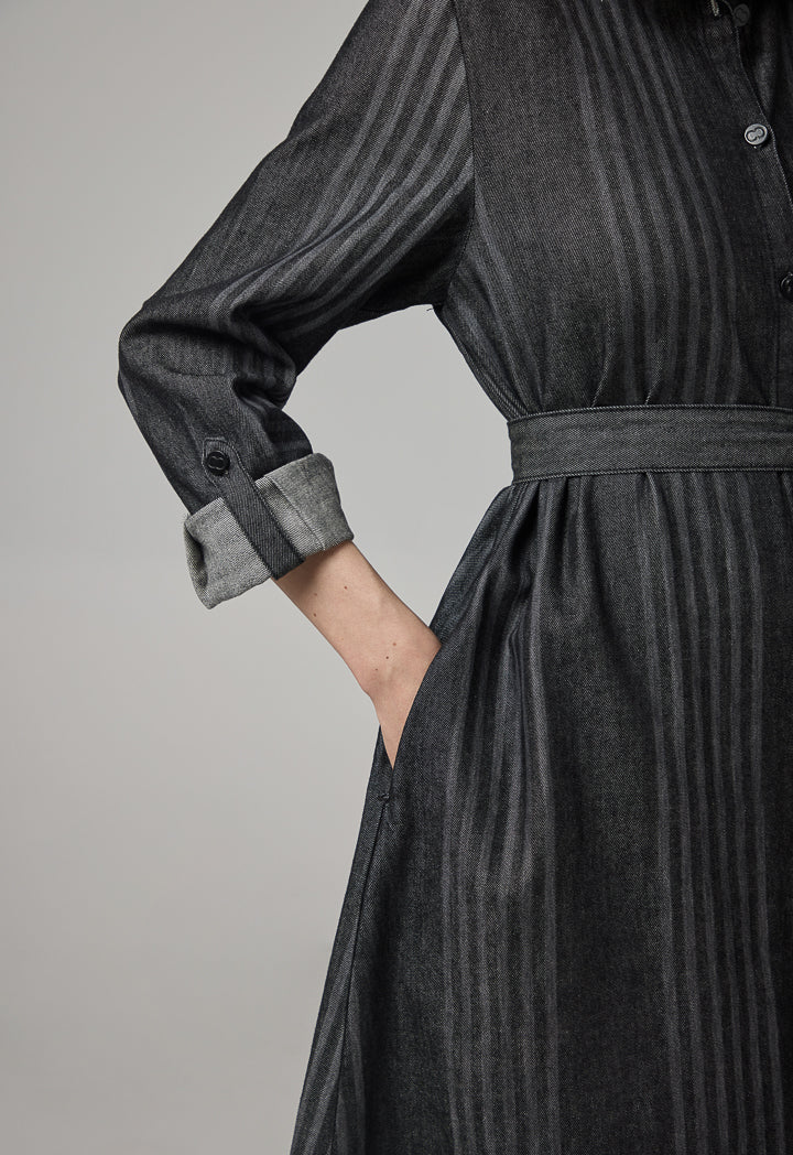 Choice Striped Long Sleeve Denim Shirt Dress Black