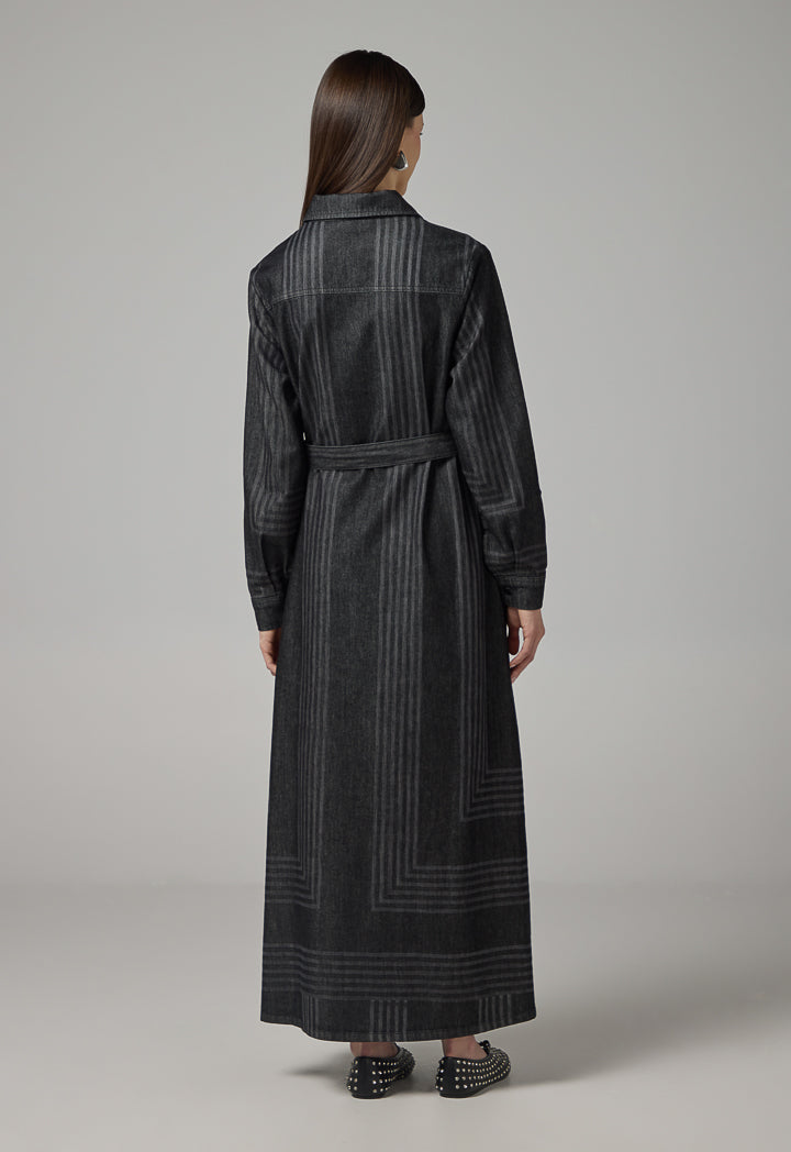 Choice Striped Long Sleeve Denim Shirt Dress Black