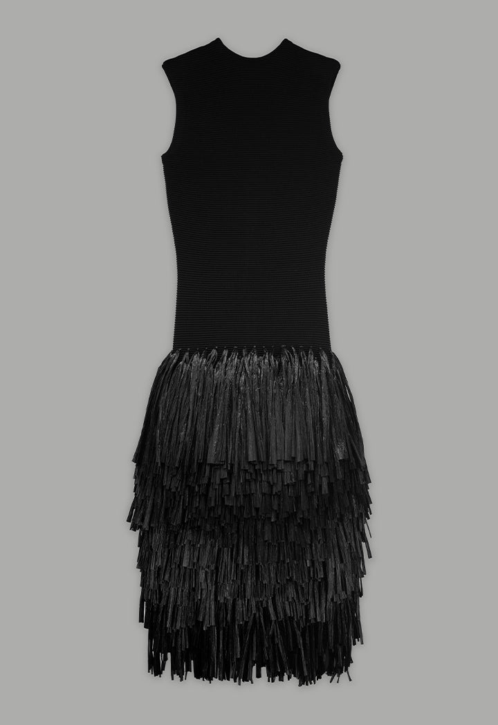 Choice Sleeveless Raffia Fringe Knitted Dress Black