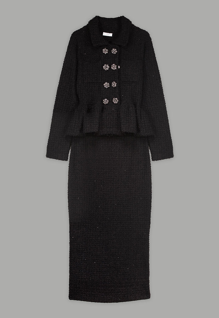 Choice Solid Sequins Dress With Tweed Jacket Black