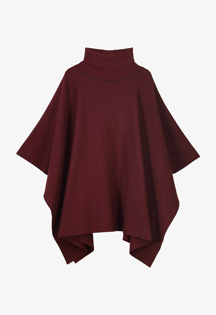 Choice Solid Long Sleeve Knitted Winter Poncho Burgundy