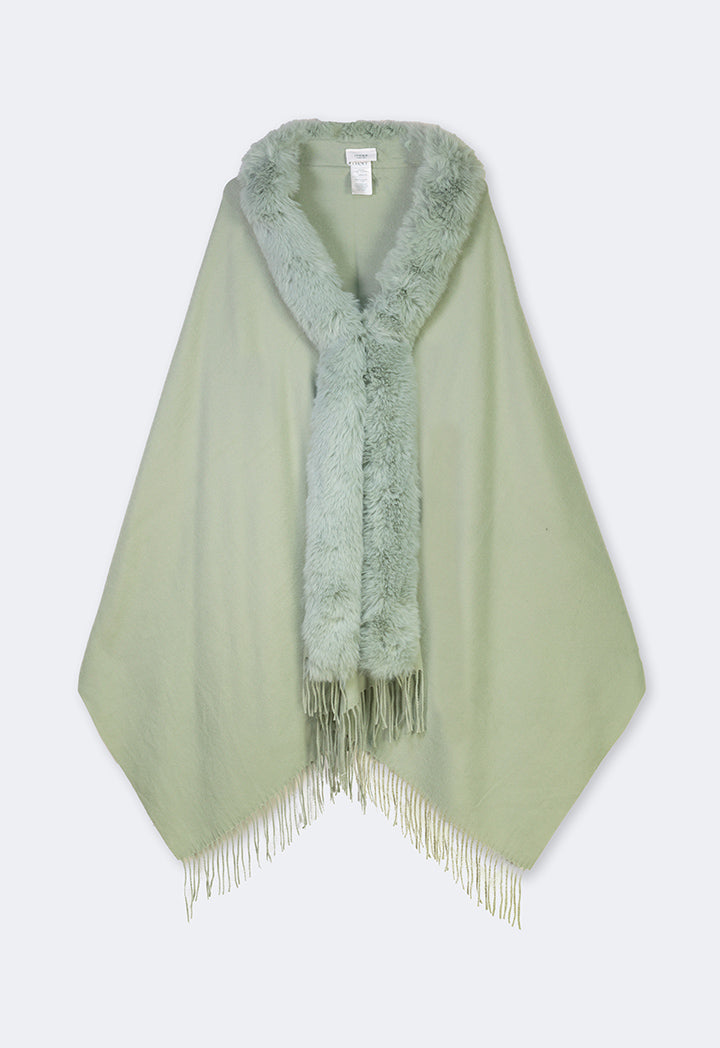 Choice Faux Fur Embellished Poncho Green