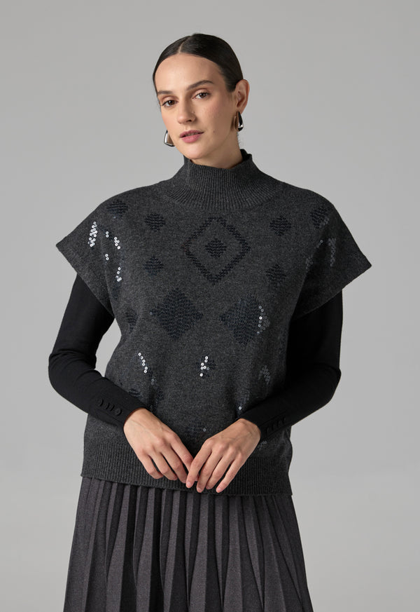 Choice Solid Sleeveless Sequins Knitted Top Grey