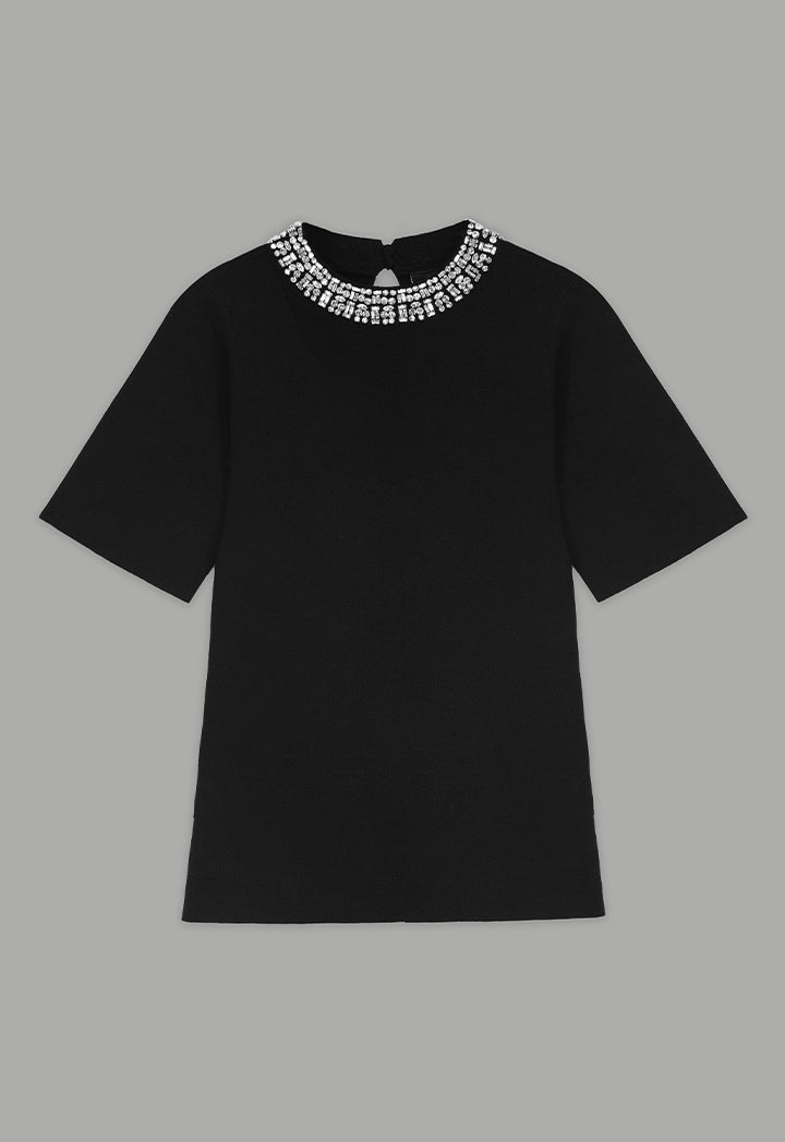 Choice Crystal Embellished Knitted T-Shirt Black