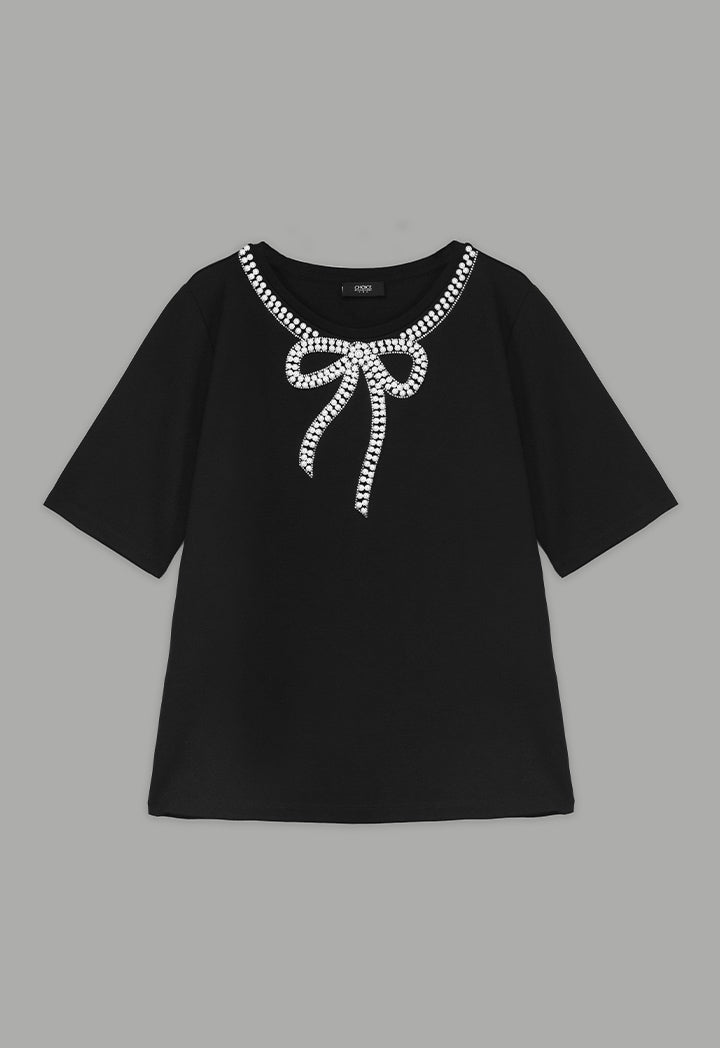 Choice Crystal Pearl Embellished T-Shirt Black